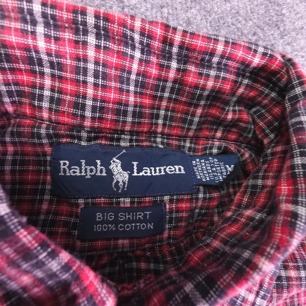 VTG Polo Ralph Lauren Big Shirt Men's M‎ Oxford Plaid Blue Pony Button Down